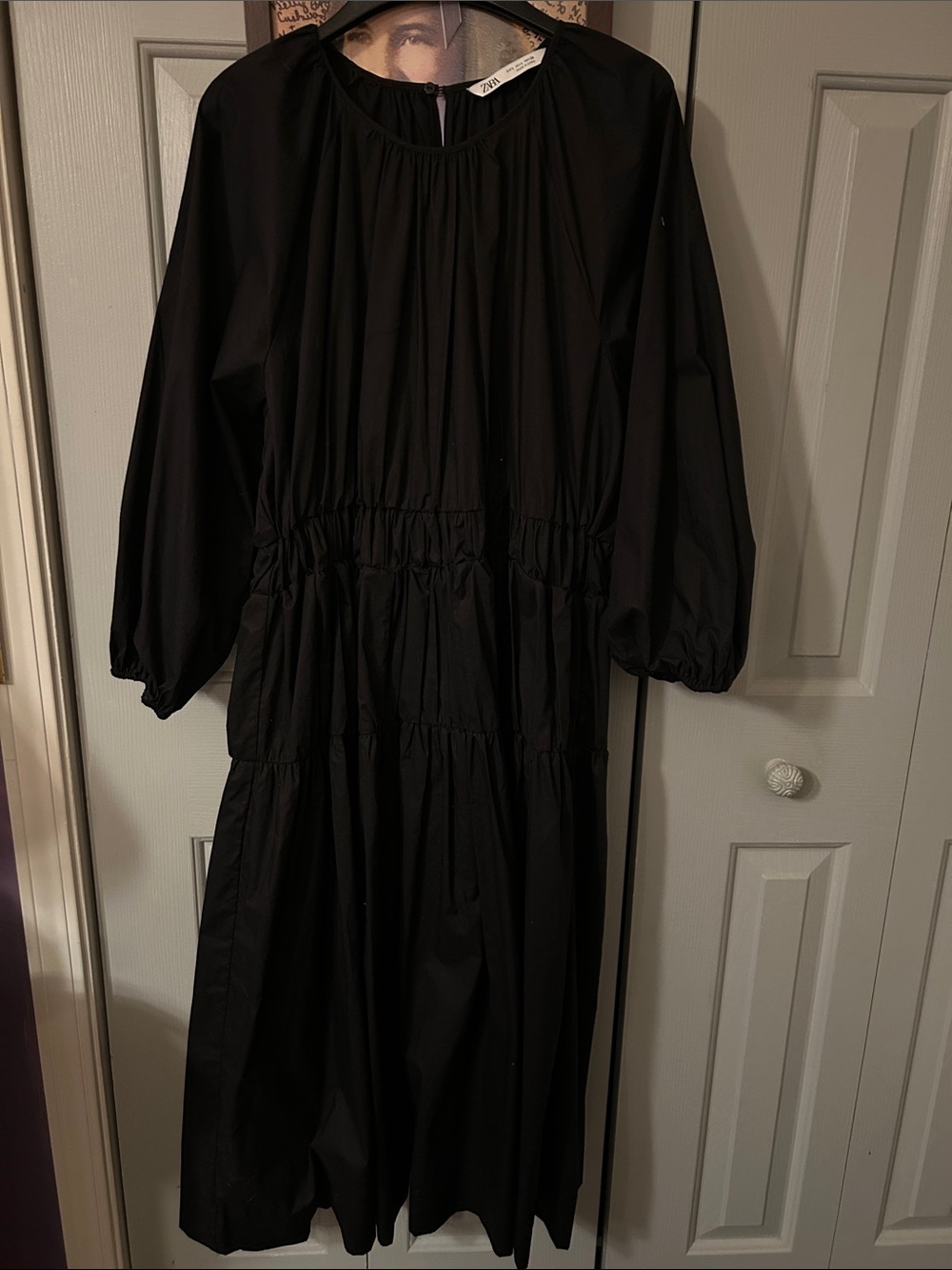 Zara Black Poplin Long-Sleeve Tiered Dress sz L
